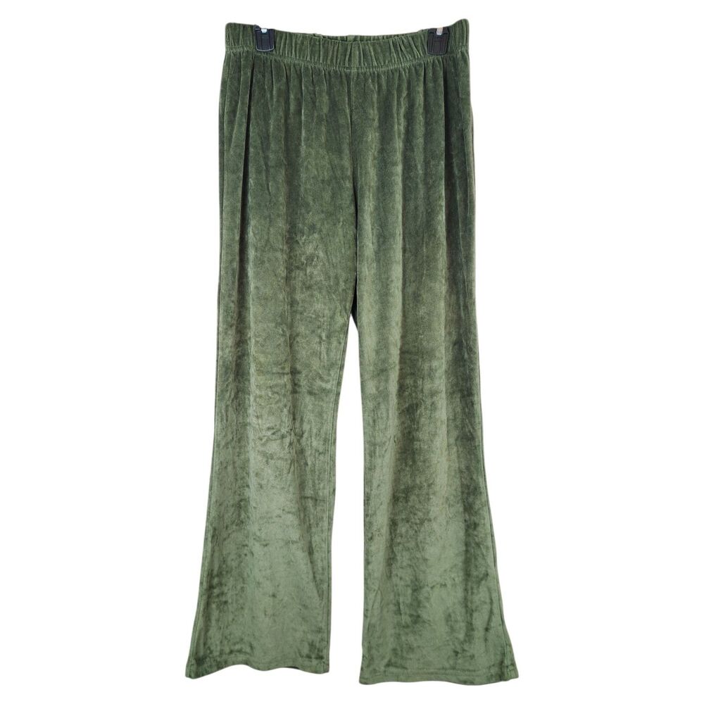 Laura Scott Velour Pants Green Leisure Elastic Waist Size L Wide Legs